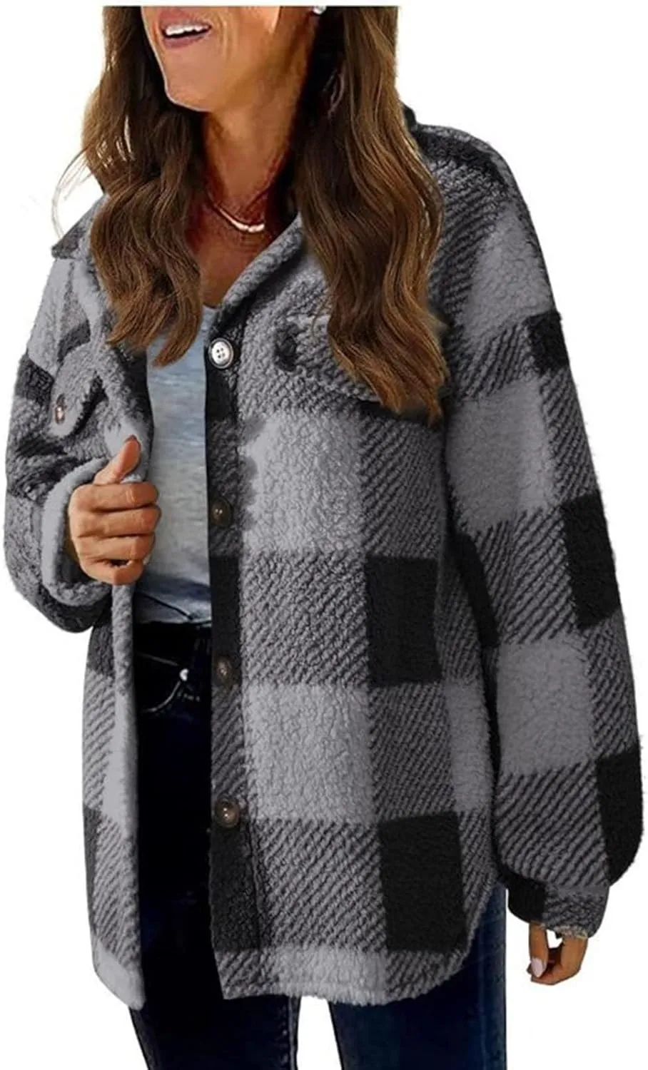 Womens Fuzzy Fleece Plaid Shacket Jacket Buffalo Plaid Flannel Sherpa Puffer Coat Button Down Sherpa Shacket