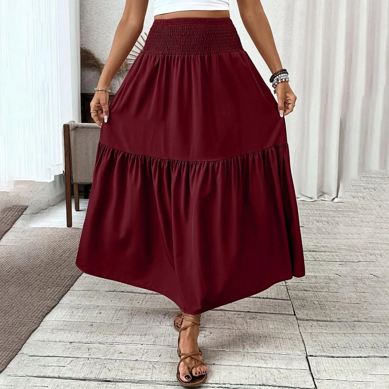 Women's High Elastic Waist Midi Skirt Casual Summer Trendy Tie Front Flowy Ruffle Floral Print A line Skirts