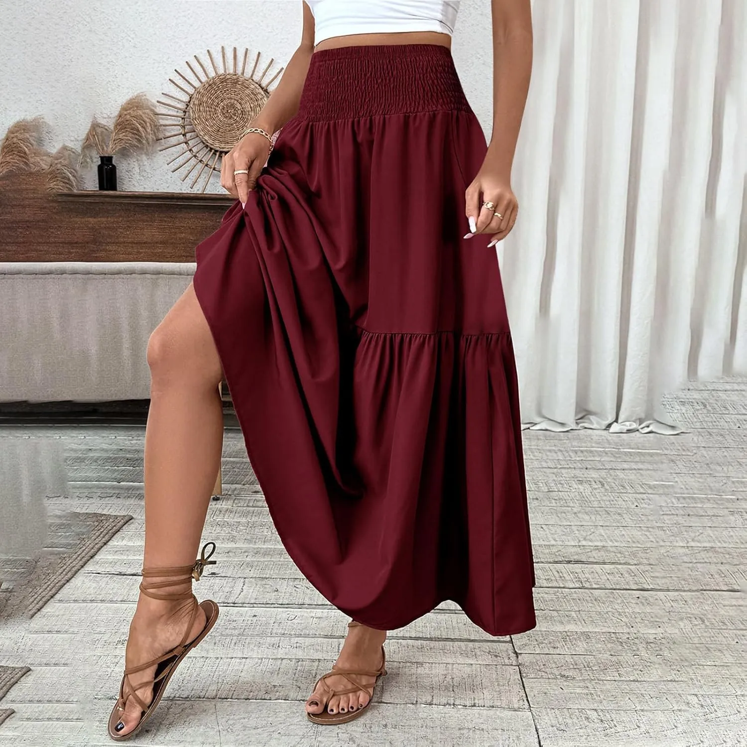 Women's High Elastic Waist Midi Skirt Casual Summer Trendy Tie Front Flowy Ruffle Floral Print A line Skirts