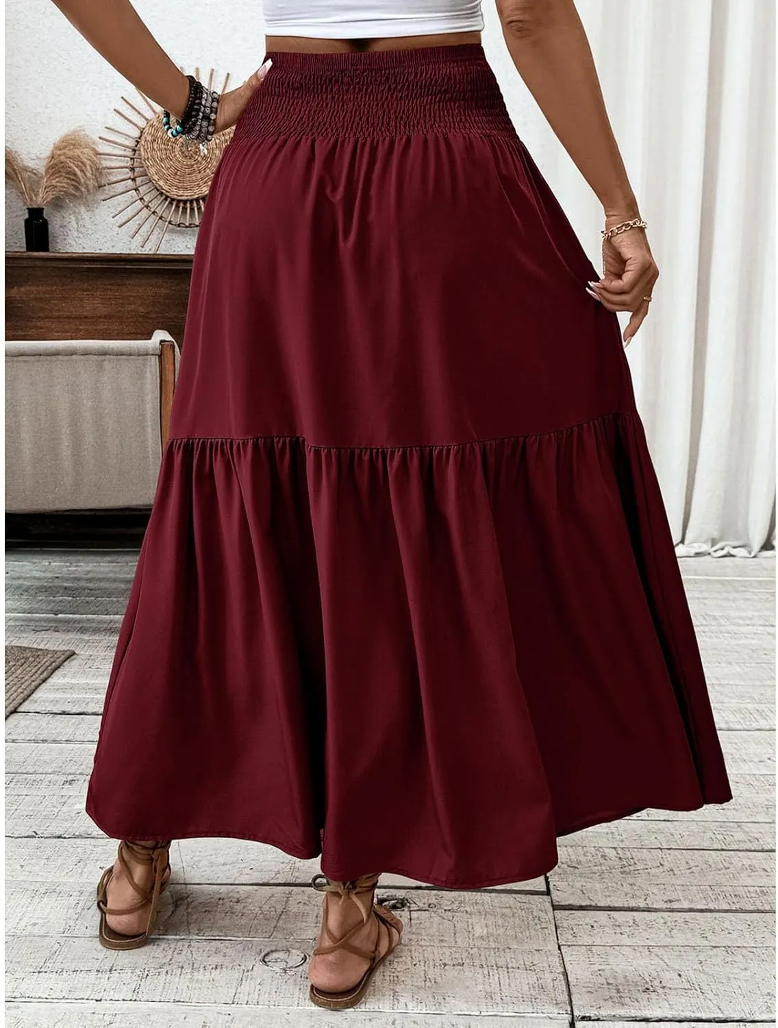 Women's High Elastic Waist Midi Skirt Casual Summer Trendy Tie Front Flowy Ruffle Floral Print A line Skirts