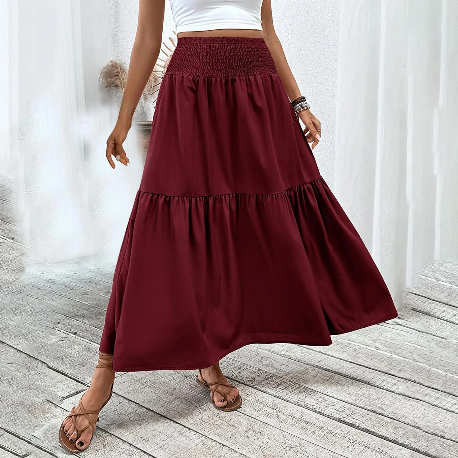 Women's High Elastic Waist Midi Skirt Casual Summer Trendy Tie Front Flowy Ruffle Floral Print A line Skirts