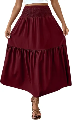 Women's High Elastic Waist Midi Skirt Casual Summer Trendy Tie Front Flowy Ruffle Floral Print A line Skirts