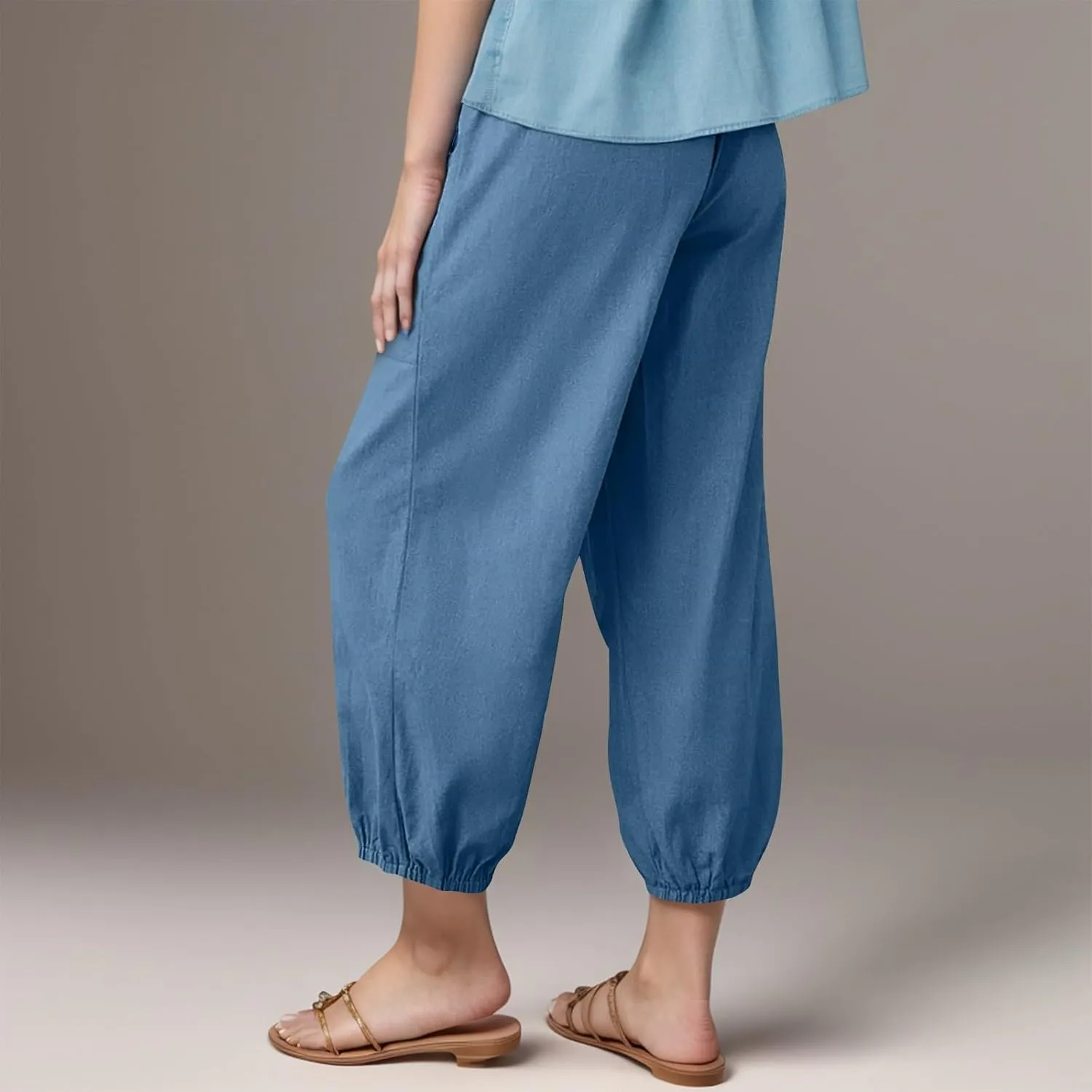 Women's High Waist Capri Baggy Drawstring Pants Cinch Bottom with Button Cotton Linen Loose Casual Trouser Pockets