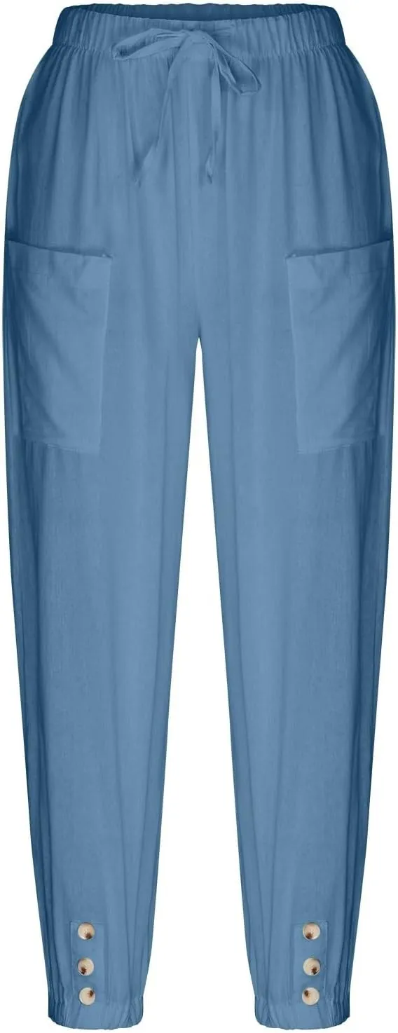 Women's High Waist Capri Baggy Drawstring Pants Cinch Bottom with Button Cotton Linen Loose Casual Trouser Pockets