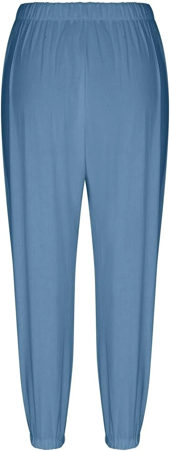Women's High Waist Capri Baggy Drawstring Pants Cinch Bottom with Button Cotton Linen Loose Casual Trouser Pockets