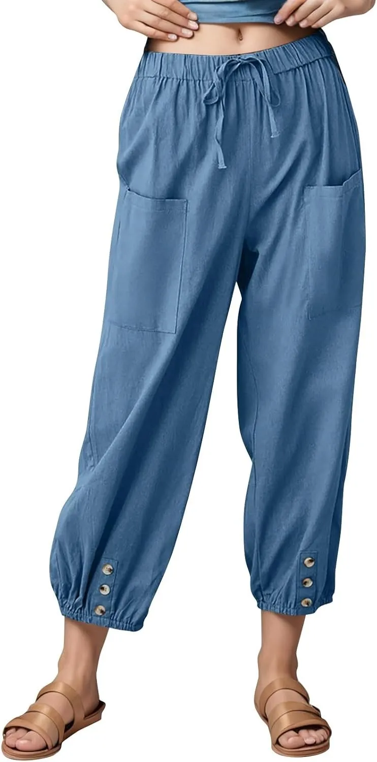 Women's High Waist Capri Baggy Drawstring Pants Cinch Bottom with Button Cotton Linen Loose Casual Trouser Pockets