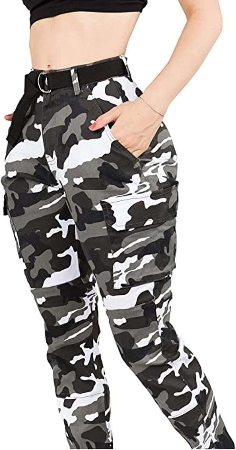 Women's High Waist Cargo Camouflage Pants for with Matching Belt Combat Military Trousers Tapered Pants with Pockets