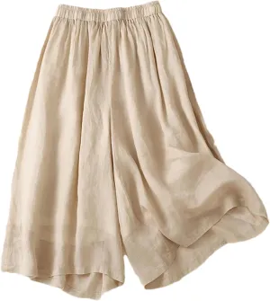 Women's High Waist Linen Wide Leg Pants  Summer Loose Fit Casual Seven-Point Trousers
