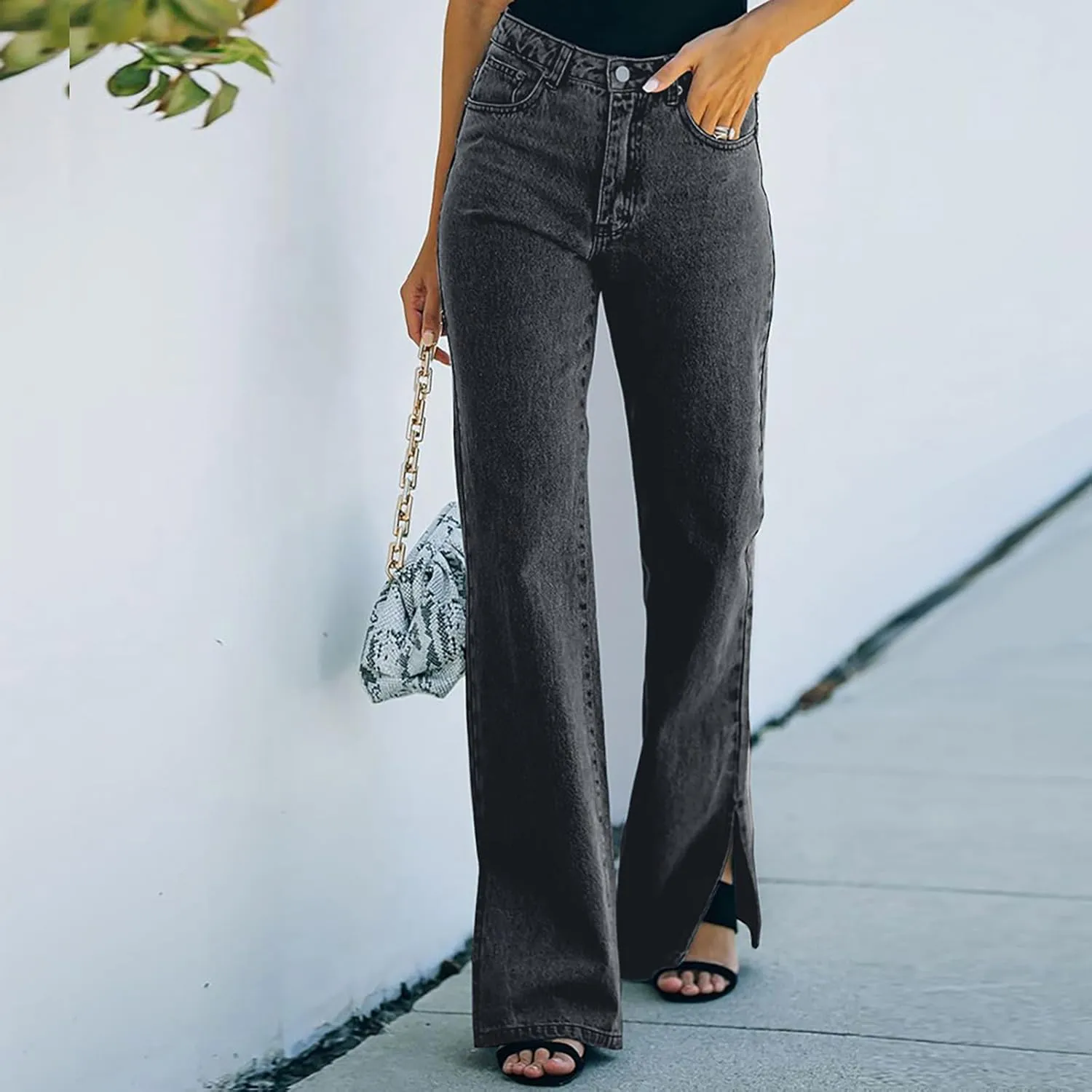 Women's High Waisted Flare Jeans Stretchy Side Split Hem Denim Pants Streetwear Vintage Button Trousers with Pockets