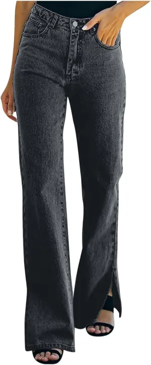 Women's High Waisted Flare Jeans Stretchy Side Split Hem Denim Pants Streetwear Vintage Button Trousers with Pockets