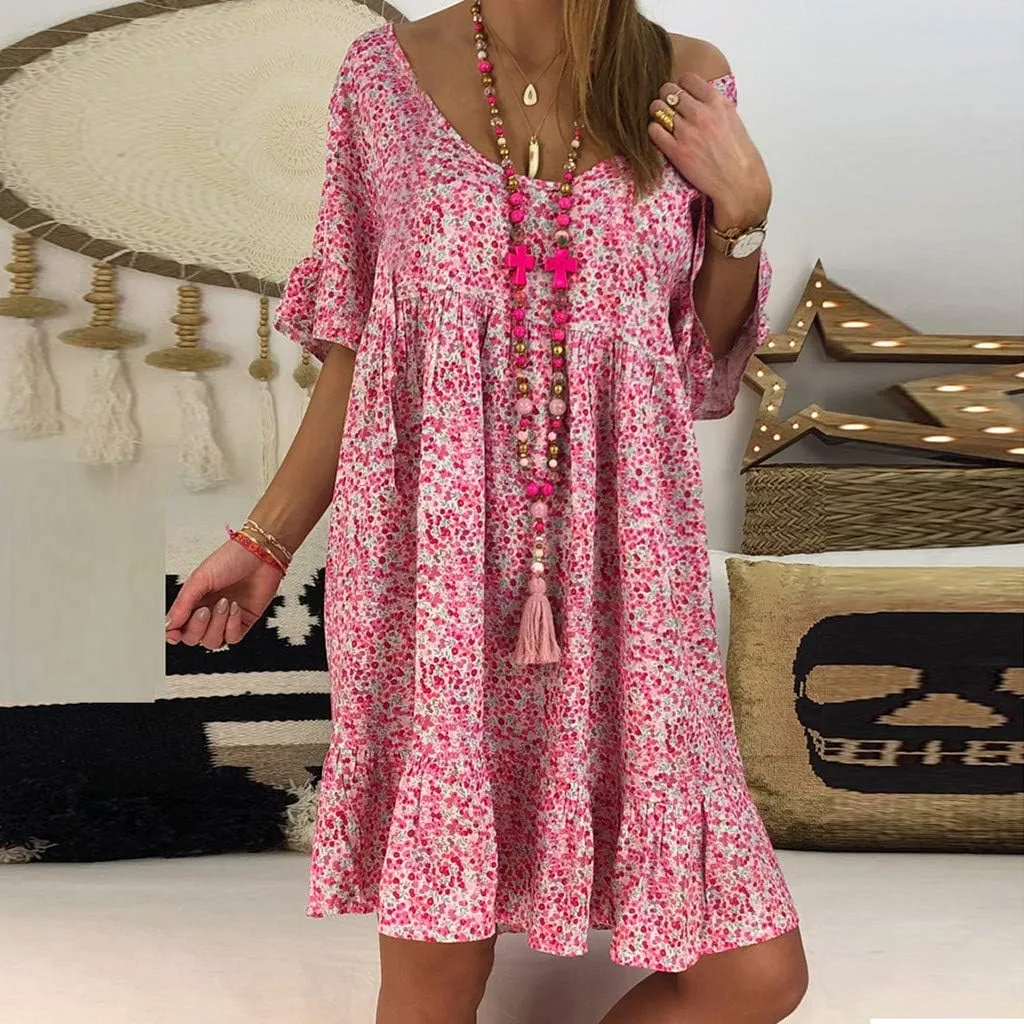 Women's Ladies Sexy Loose Print Hlaf Sleeve Ruffles Mini Dress Summer Dress Womens Casual Maxi Dresses