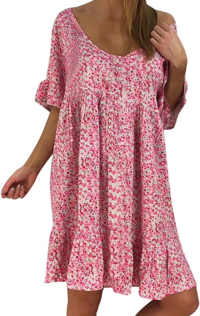 Women's Ladies Sexy Loose Print Hlaf Sleeve Ruffles Mini Dress Summer Dress Womens Casual Maxi Dresses
