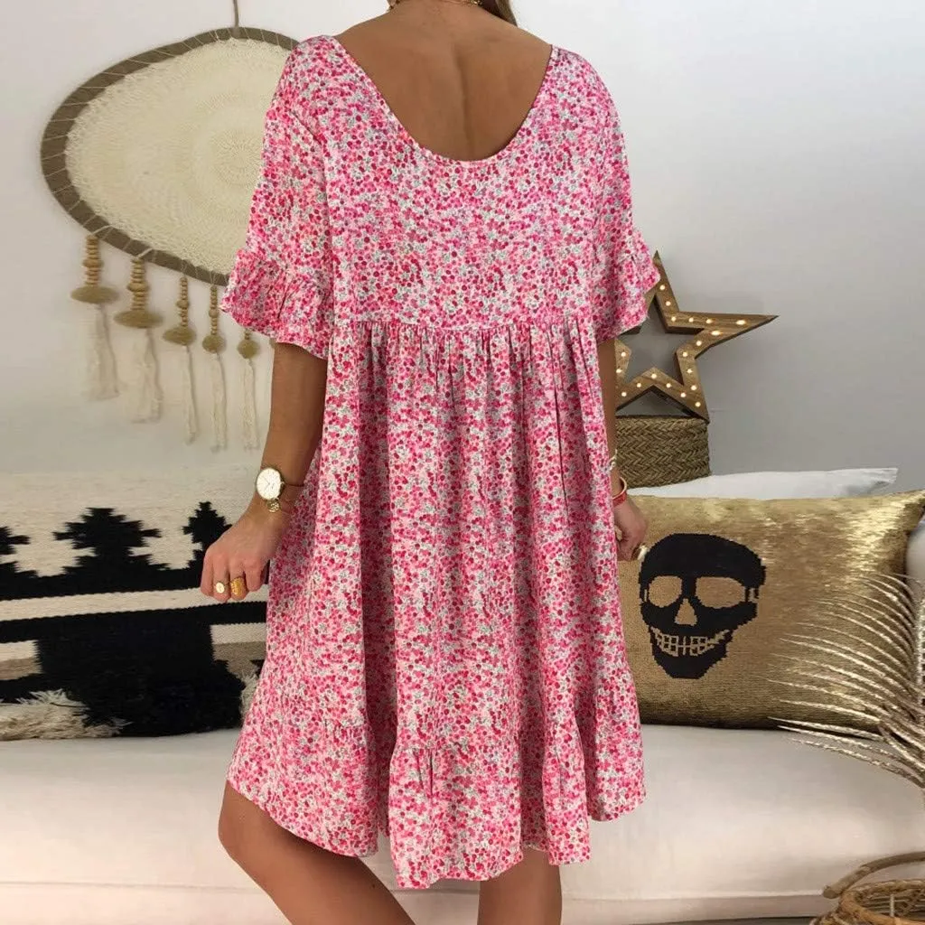 Women's Ladies Sexy Loose Print Hlaf Sleeve Ruffles Mini Dress Summer Dress Womens Casual Maxi Dresses