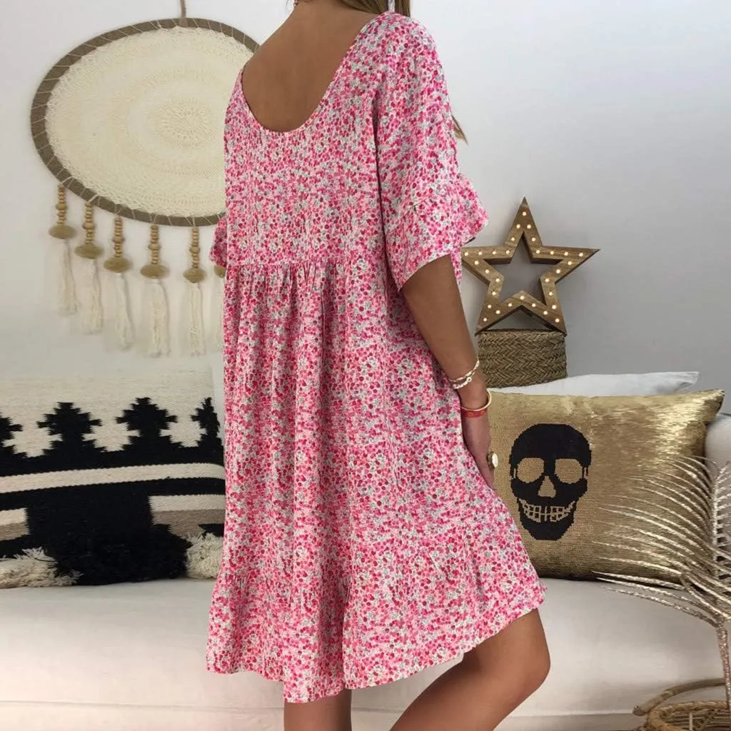 Women's Ladies Sexy Loose Print Hlaf Sleeve Ruffles Mini Dress Summer Dress Womens Casual Maxi Dresses