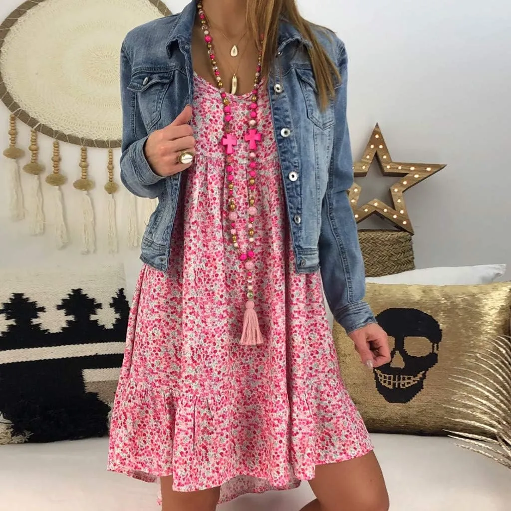 Women's Ladies Sexy Loose Print Hlaf Sleeve Ruffles Mini Dress Summer Dress Womens Casual Maxi Dresses