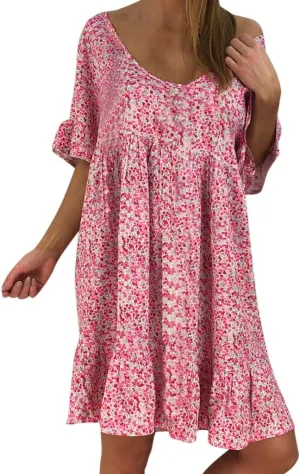 Women's Ladies Sexy Loose Print Hlaf Sleeve Ruffles Mini Dress Summer Dress Womens Casual Maxi Dresses