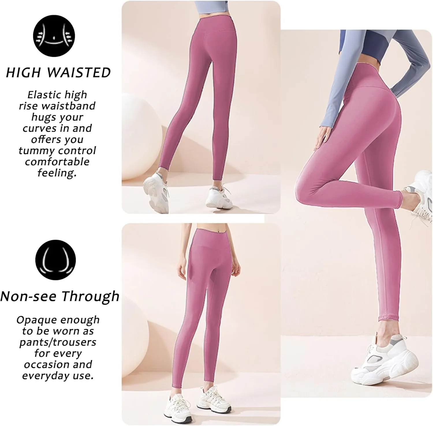 Women's Leggings High Waist Yoga Pants No See Through Workout Gym Capris, Tummy Control Sports Training Pant for Women