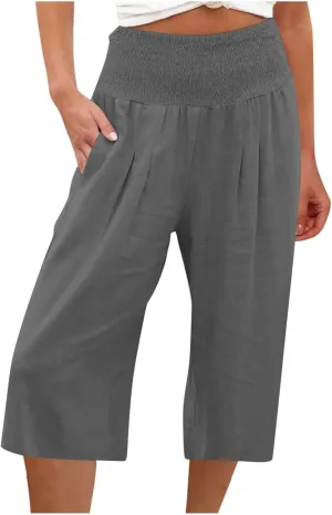 Womens Linen Palazzo Capri Pants Causal Summer Wide Leg Pants High Waist Loose Capris Boho Beach Travel Crop Trousers