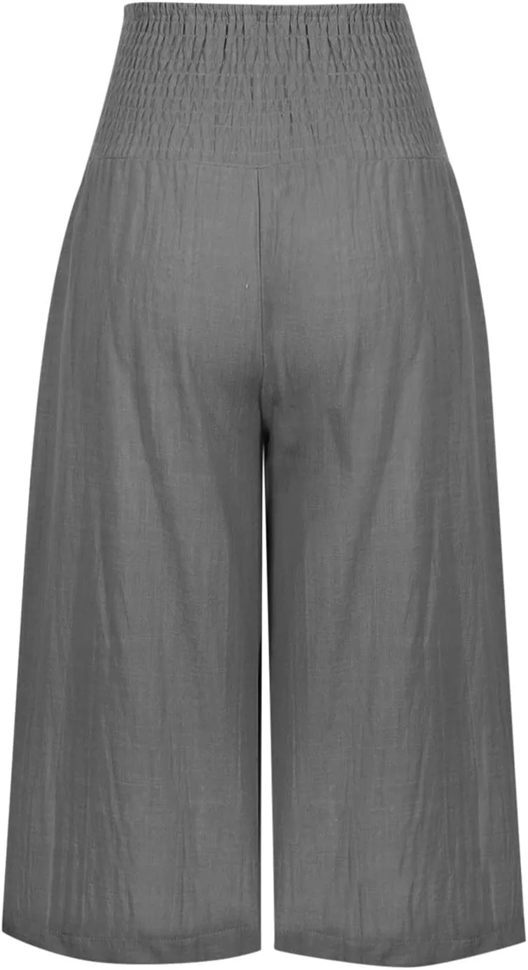 Womens Linen Palazzo Capri Pants Causal Summer Wide Leg Pants High Waist Loose Capris Boho Beach Travel Crop Trousers
