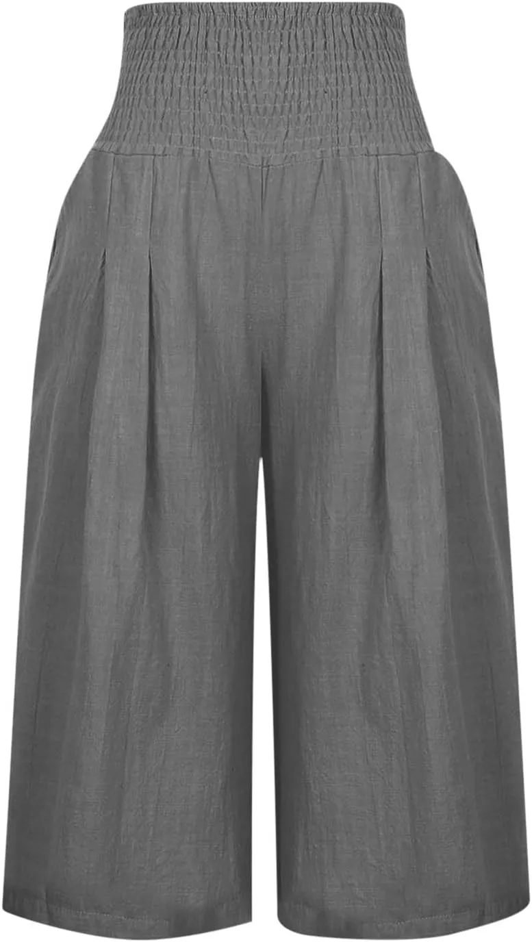 Womens Linen Palazzo Capri Pants Causal Summer Wide Leg Pants High Waist Loose Capris Boho Beach Travel Crop Trousers