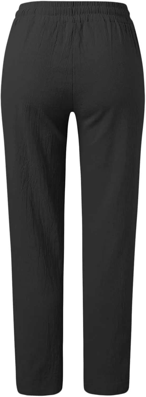 Women's Linen Palazzo Pants Summer Casual Dressy Linen Straight Trousers for Women Comfy Soild Long Pants with Pockets