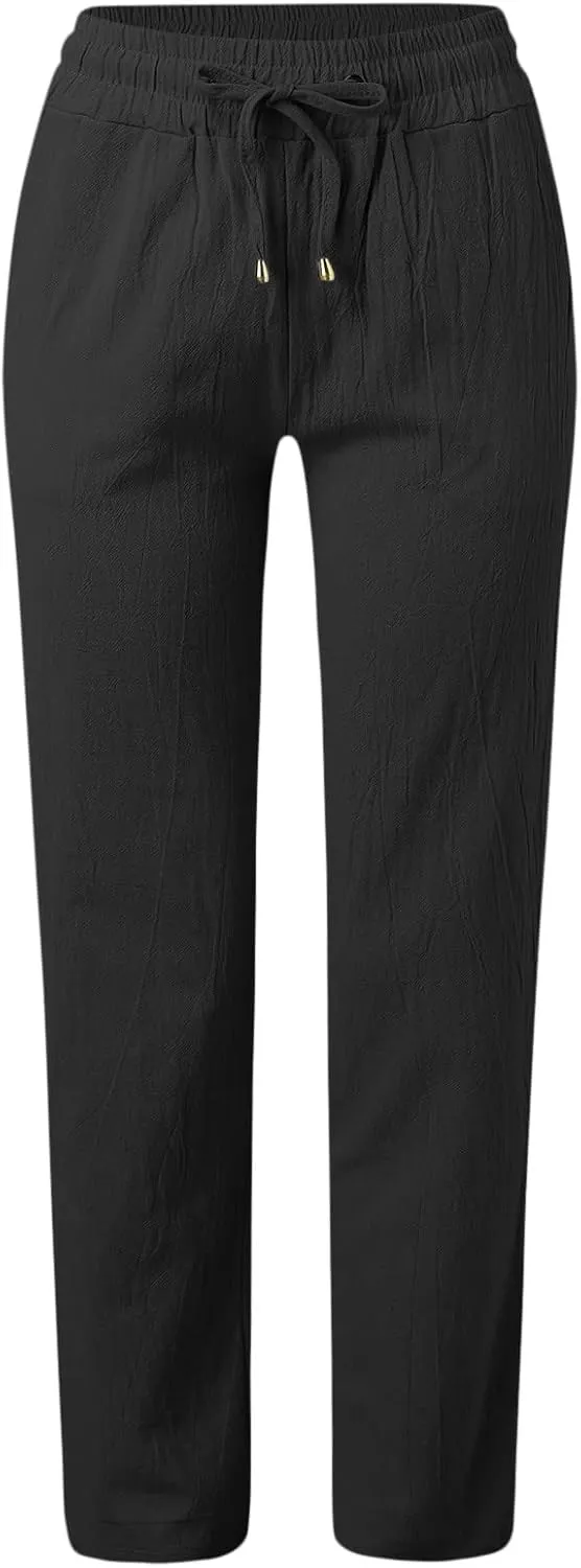 Women's Linen Palazzo Pants Summer Casual Dressy Linen Straight Trousers for Women Comfy Soild Long Pants with Pockets