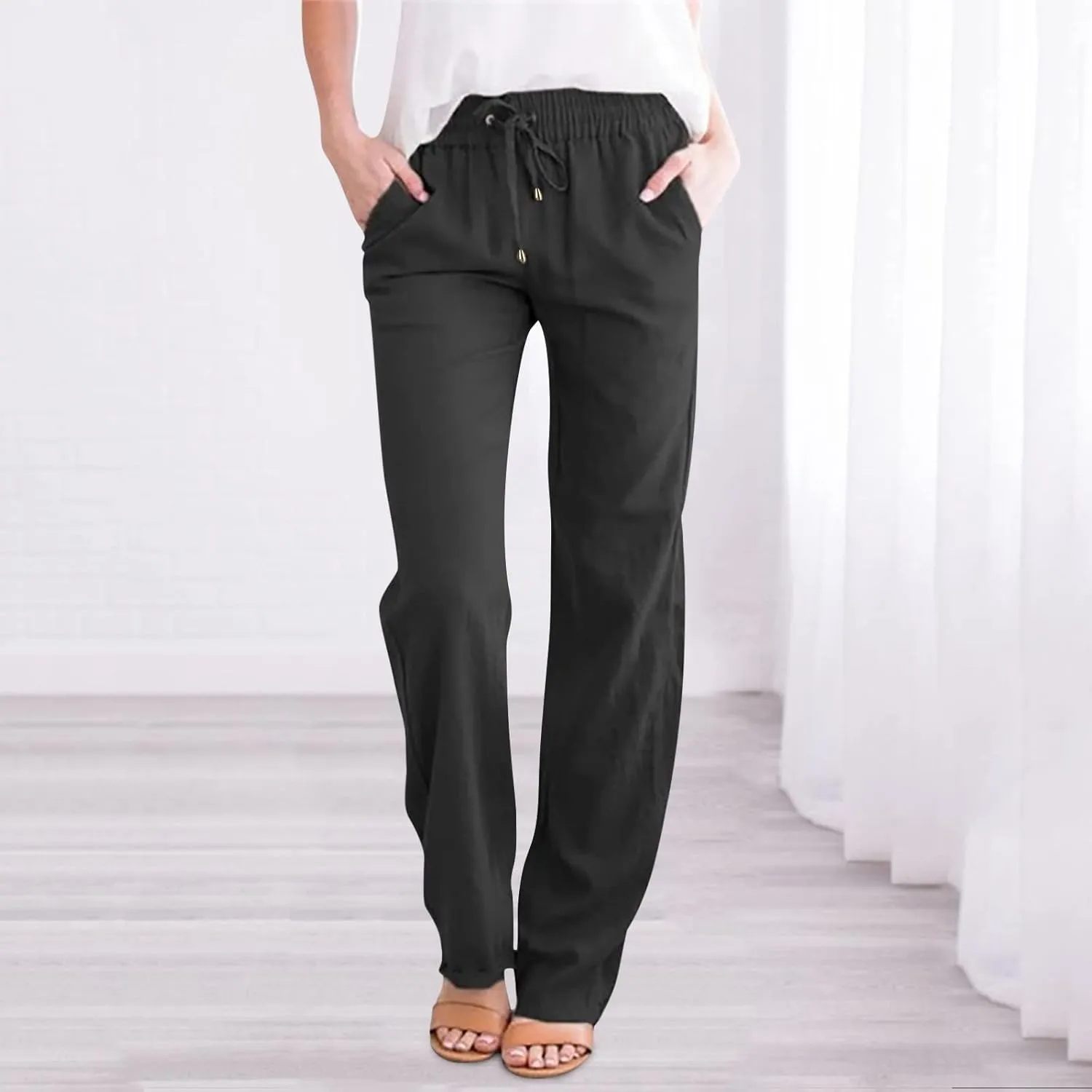 Women's Linen Palazzo Pants Summer Casual Dressy Linen Straight Trousers for Women Comfy Soild Long Pants with Pockets