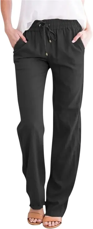 Women's Linen Palazzo Pants Summer Casual Dressy Linen Straight Trousers for Women Comfy Soild Long Pants with Pockets