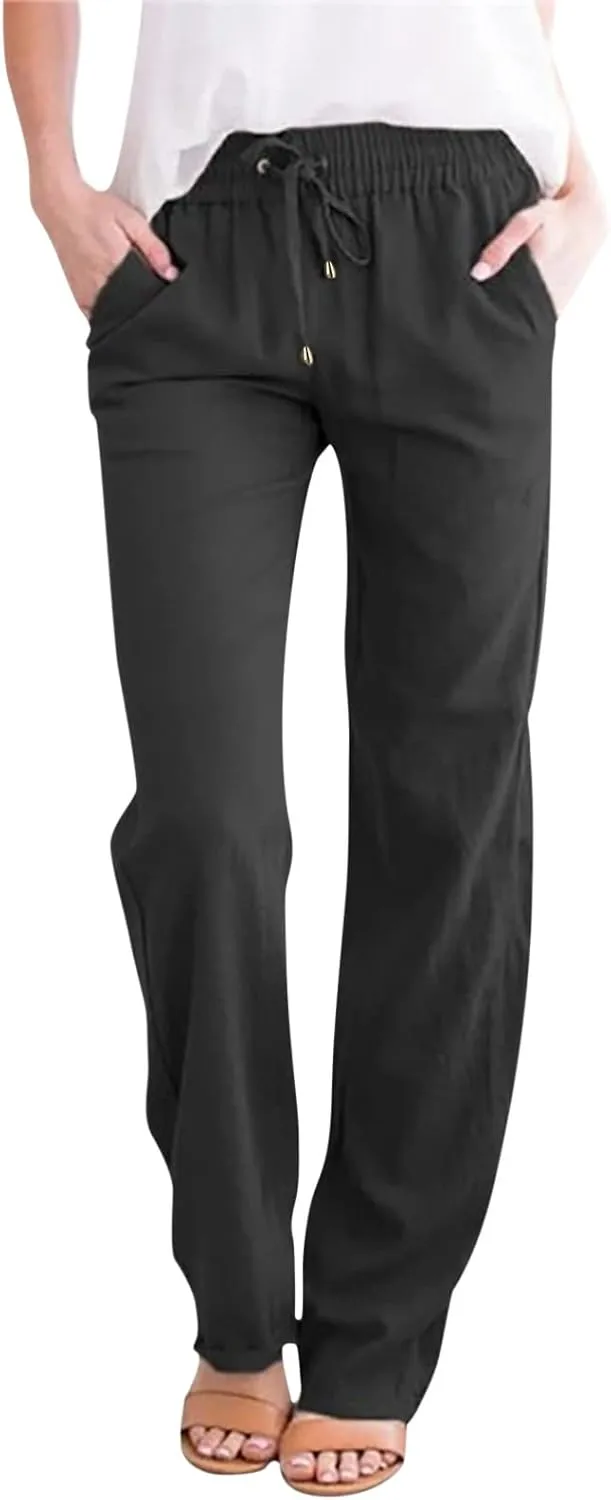 Women's Linen Palazzo Pants Summer Casual Dressy Linen Straight Trousers for Women Comfy Soild Long Pants with Pockets