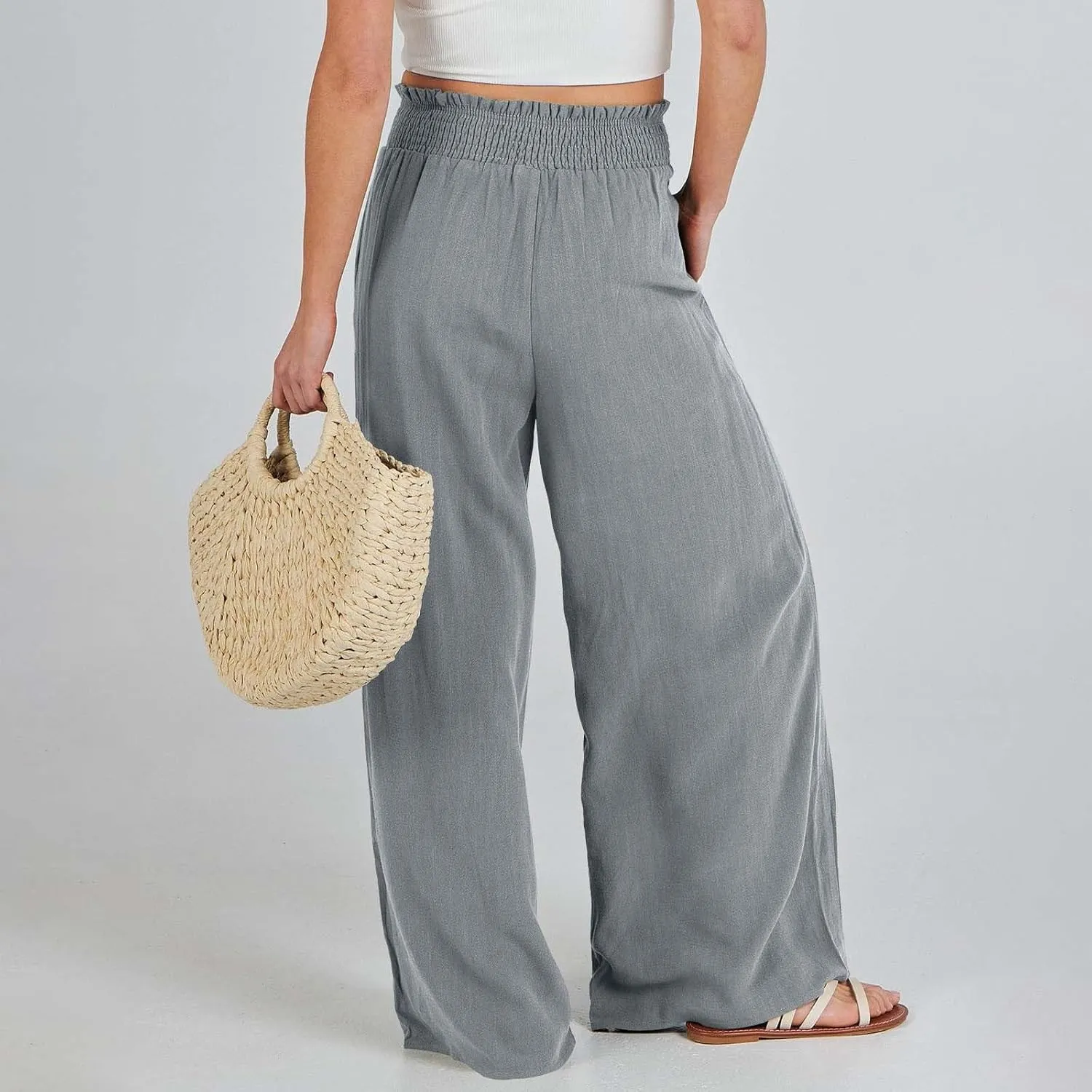 Women's Linen Palazzo Pants Women Smocked Elastic Waist High Waist Loose Comfy Casual Pants with Pockets 2025 Beach