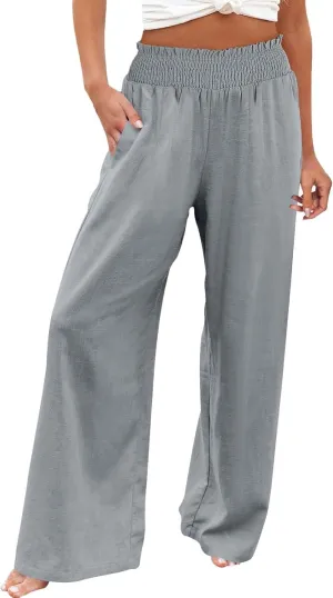 Women's Linen Palazzo Pants Women Smocked Elastic Waist High Waist Loose Comfy Casual Pants with Pockets 2025 Beach