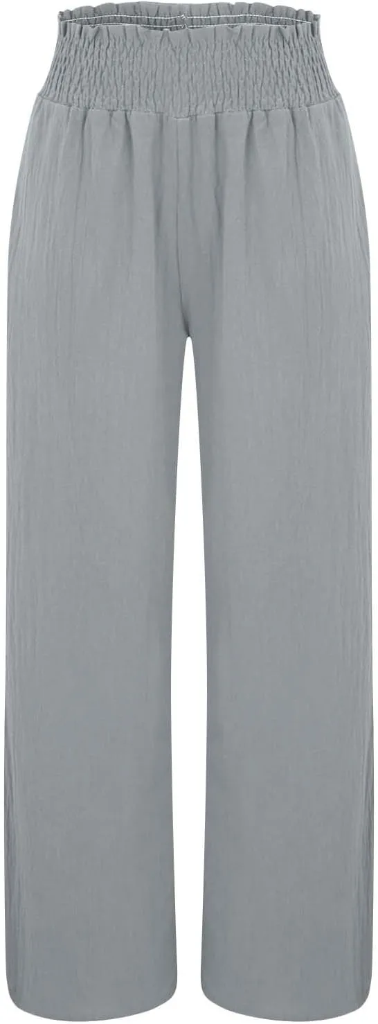 Women's Linen Palazzo Pants Women Smocked Elastic Waist High Waist Loose Comfy Casual Pants with Pockets 2025 Beach