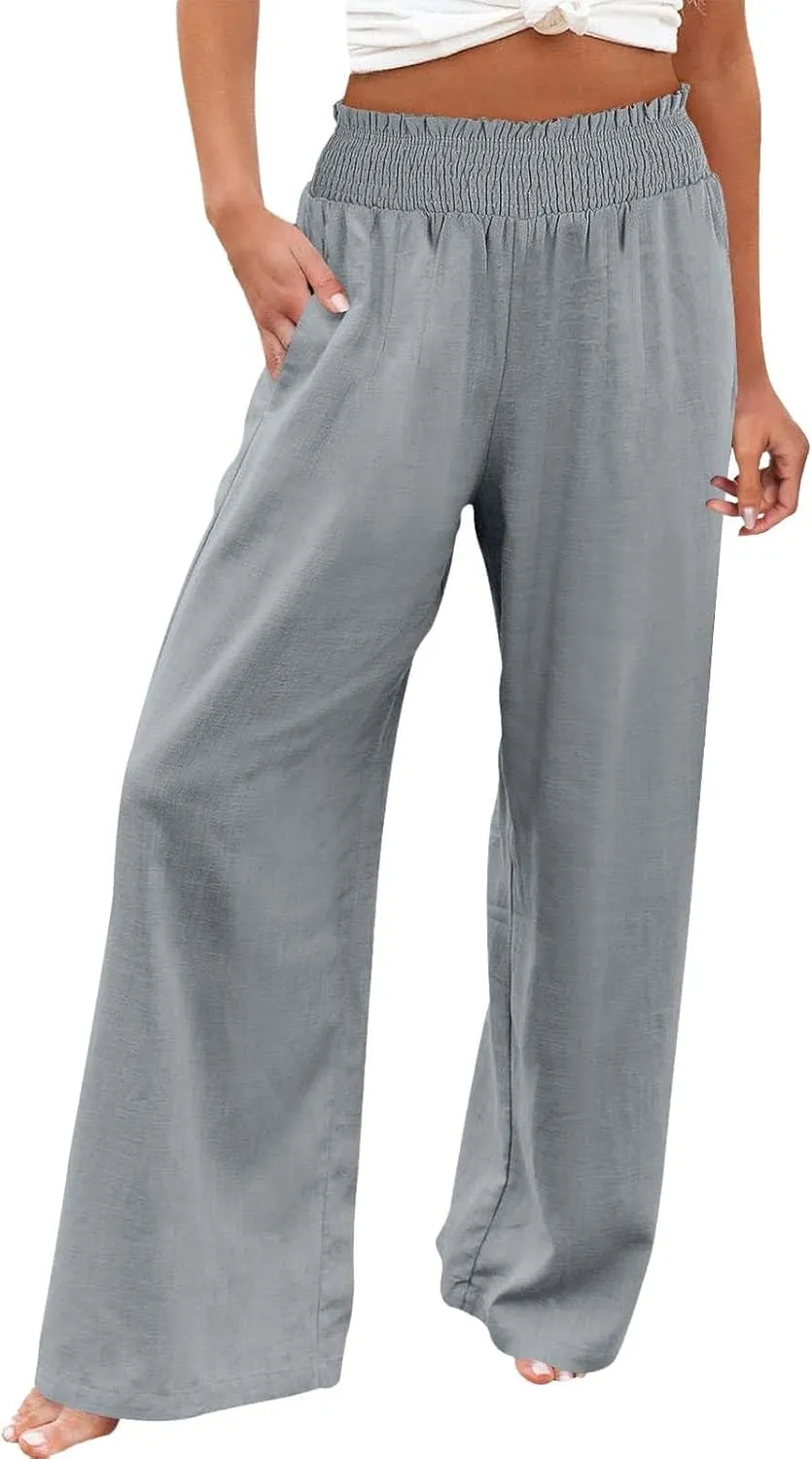 Women's Linen Palazzo Pants Women Smocked Elastic Waist High Waist Loose Comfy Casual Pants with Pockets 2025 Beach