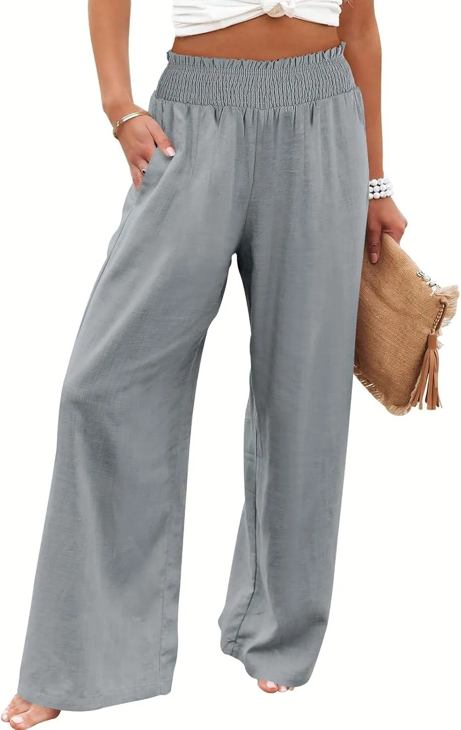 Women's Linen Palazzo Pants Women Smocked Elastic Waist High Waist Loose Comfy Casual Pants with Pockets 2025 Beach