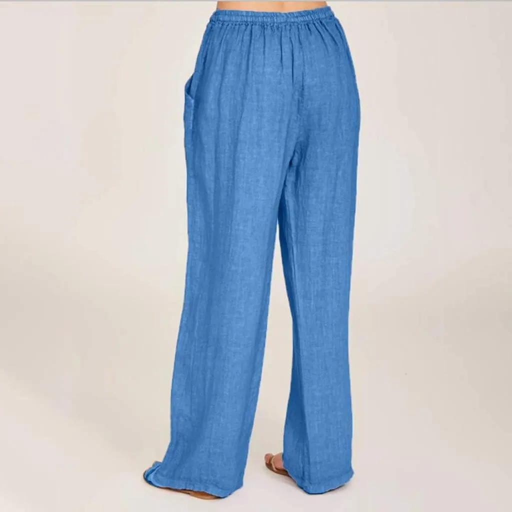 Womens Linen Pants Casual Elastic High Waisted Drawstring Palazzo Pant Trendy Wide Leg Beach Trousers with Pockets