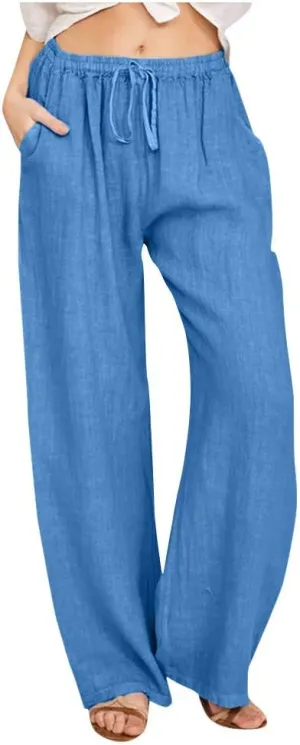 Womens Linen Pants Casual Elastic High Waisted Drawstring Palazzo Pant Trendy Wide Leg Beach Trousers with Pockets