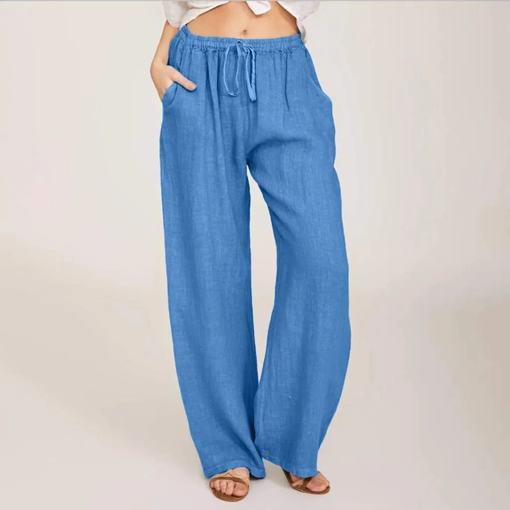Womens Linen Pants Casual Elastic High Waisted Drawstring Palazzo Pant Trendy Wide Leg Beach Trousers with Pockets