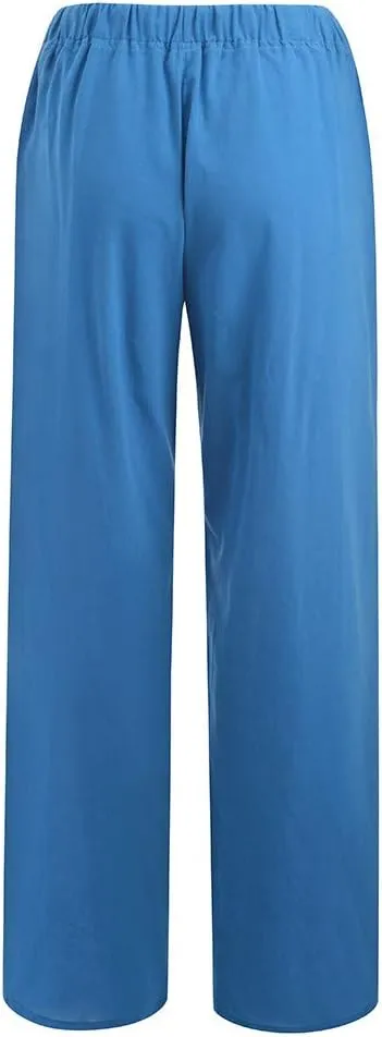 Womens Linen Pants Casual Elastic High Waisted Drawstring Palazzo Pant Trendy Wide Leg Beach Trousers with Pockets