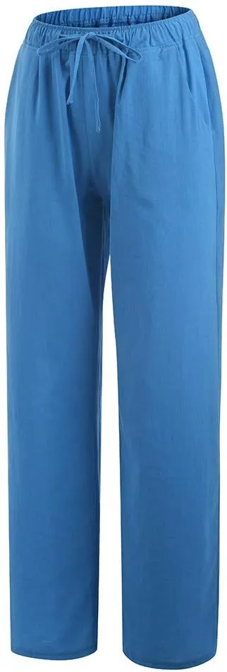 Womens Linen Pants Casual Elastic High Waisted Drawstring Palazzo Pant Trendy Wide Leg Beach Trousers with Pockets