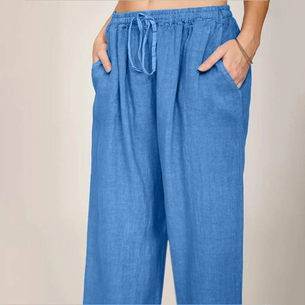 Womens Linen Pants Casual Elastic High Waisted Drawstring Palazzo Pant Trendy Wide Leg Beach Trousers with Pockets