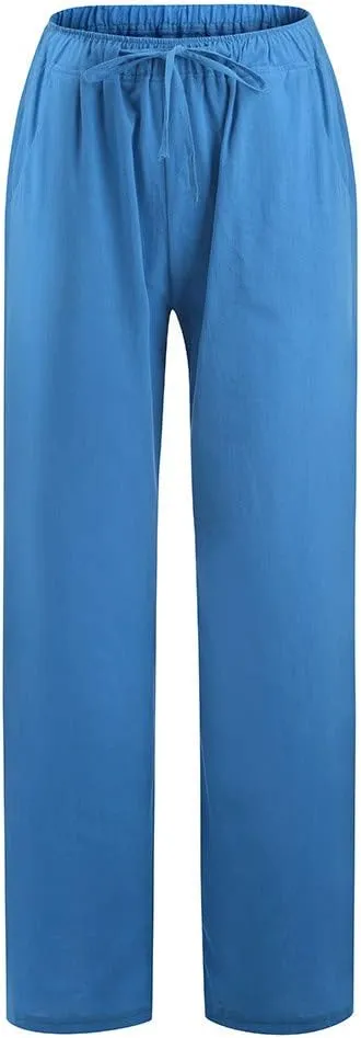 Womens Linen Pants Casual Elastic High Waisted Drawstring Palazzo Pant Trendy Wide Leg Beach Trousers with Pockets