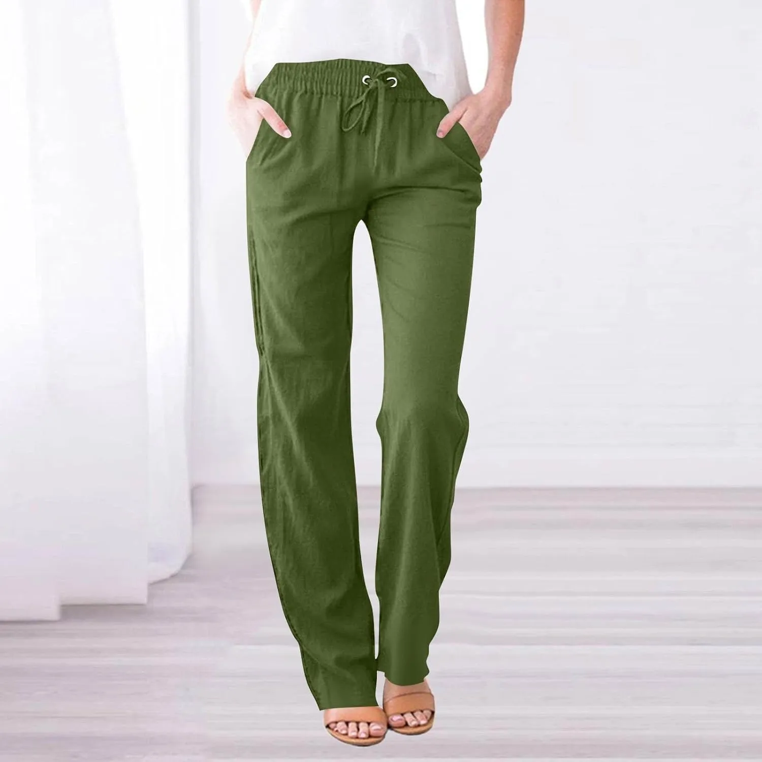 Women's Linen Pants High Waisted Loose Straight Leg Trousers Casual Summer Dress Pants Lounge Trousers with Pockets