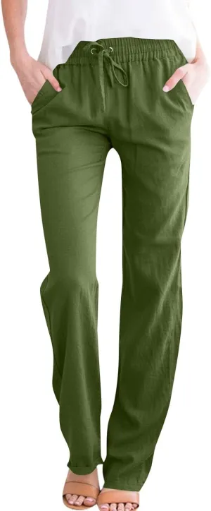 Women's Linen Pants High Waisted Loose Straight Leg Trousers Casual Summer Dress Pants Lounge Trousers with Pockets