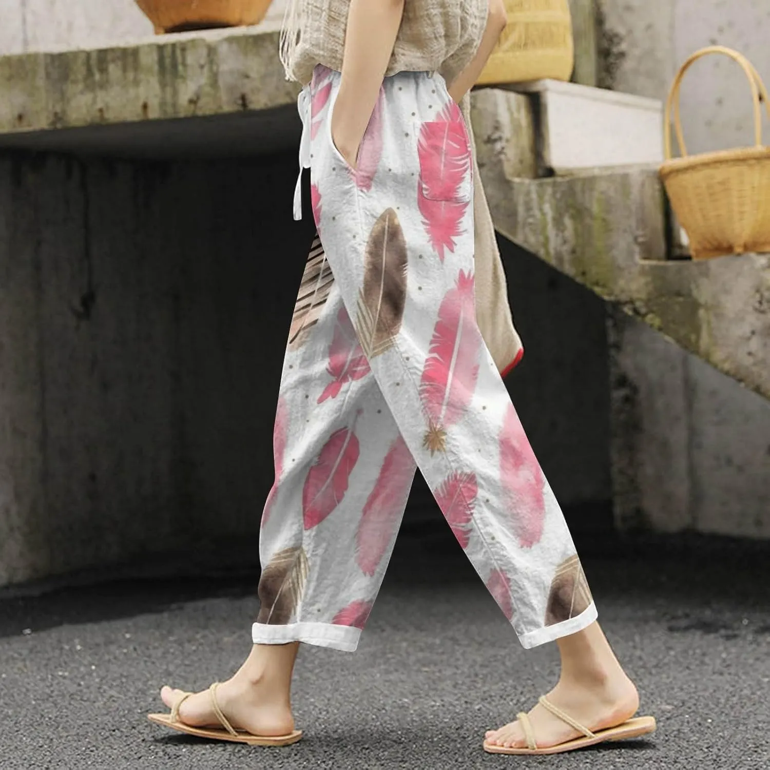 Women's Linen Pants Palazzo Baggy Pants Cotton Boho Casual Gauze Long Pant Wide Leg Lounge Trousers with Pockets