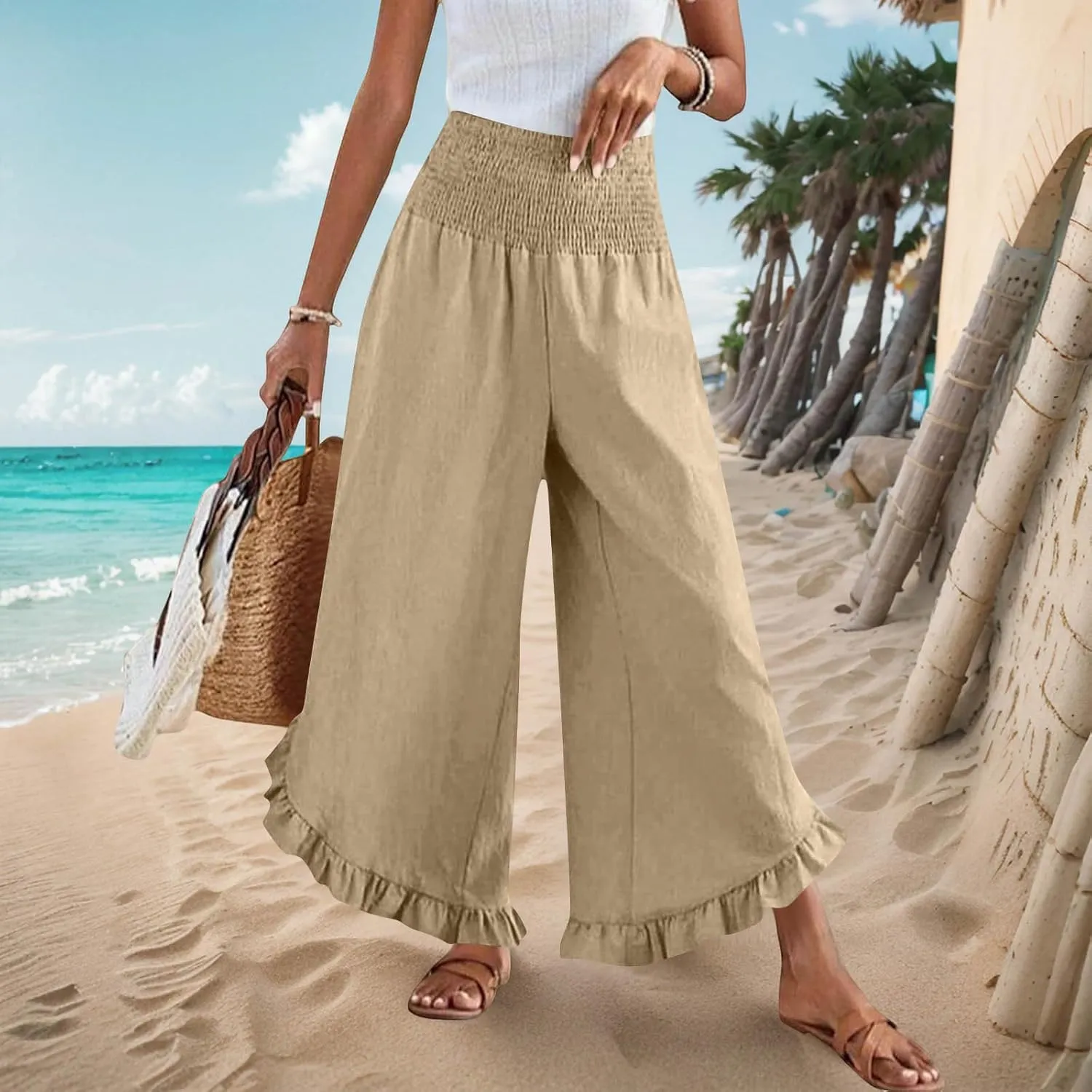 Womens Linen Pants Summer High Waist Ruffle Hem Bohemia Flowy Wide Leg Palazzo Trousers Beach Vacation Clothes
