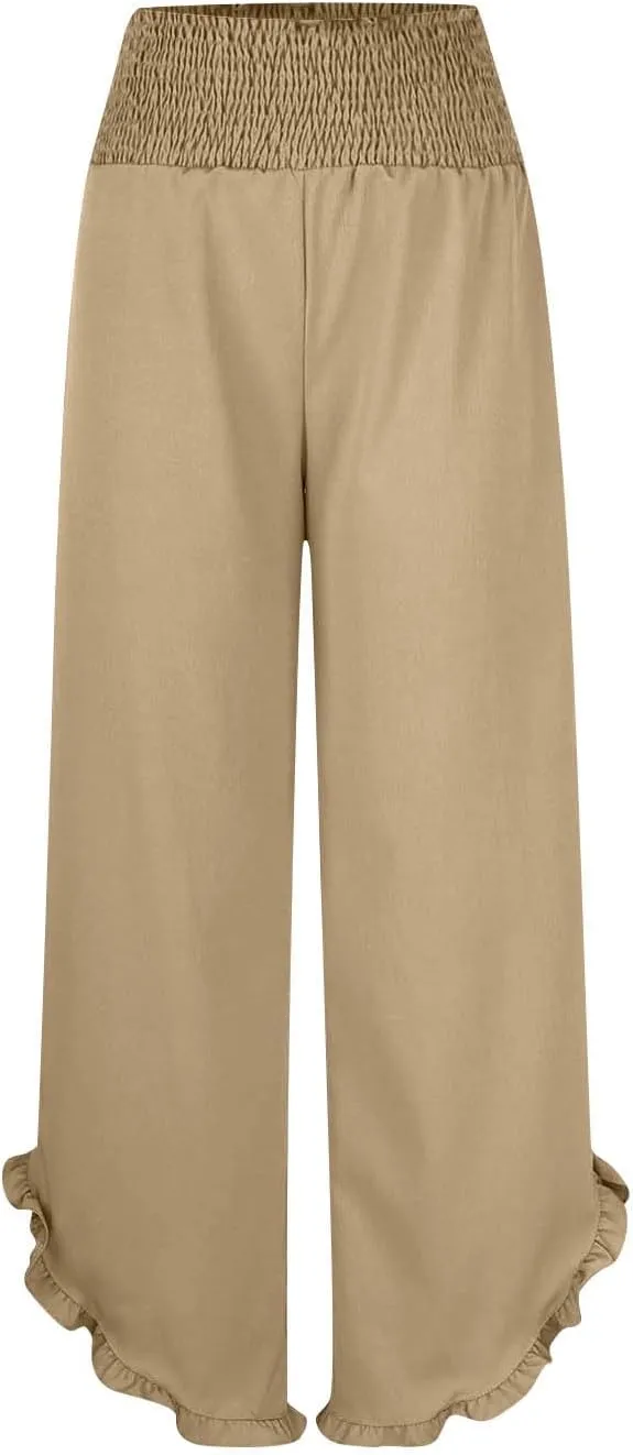 Womens Linen Pants Summer High Waist Ruffle Hem Bohemia Flowy Wide Leg Palazzo Trousers Beach Vacation Clothes