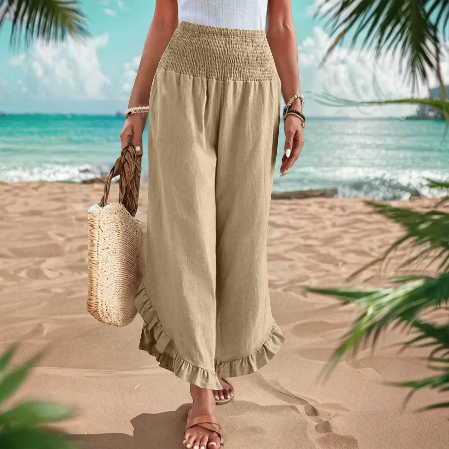 Womens Linen Pants Summer High Waist Ruffle Hem Bohemia Flowy Wide Leg Palazzo Trousers Beach Vacation Clothes