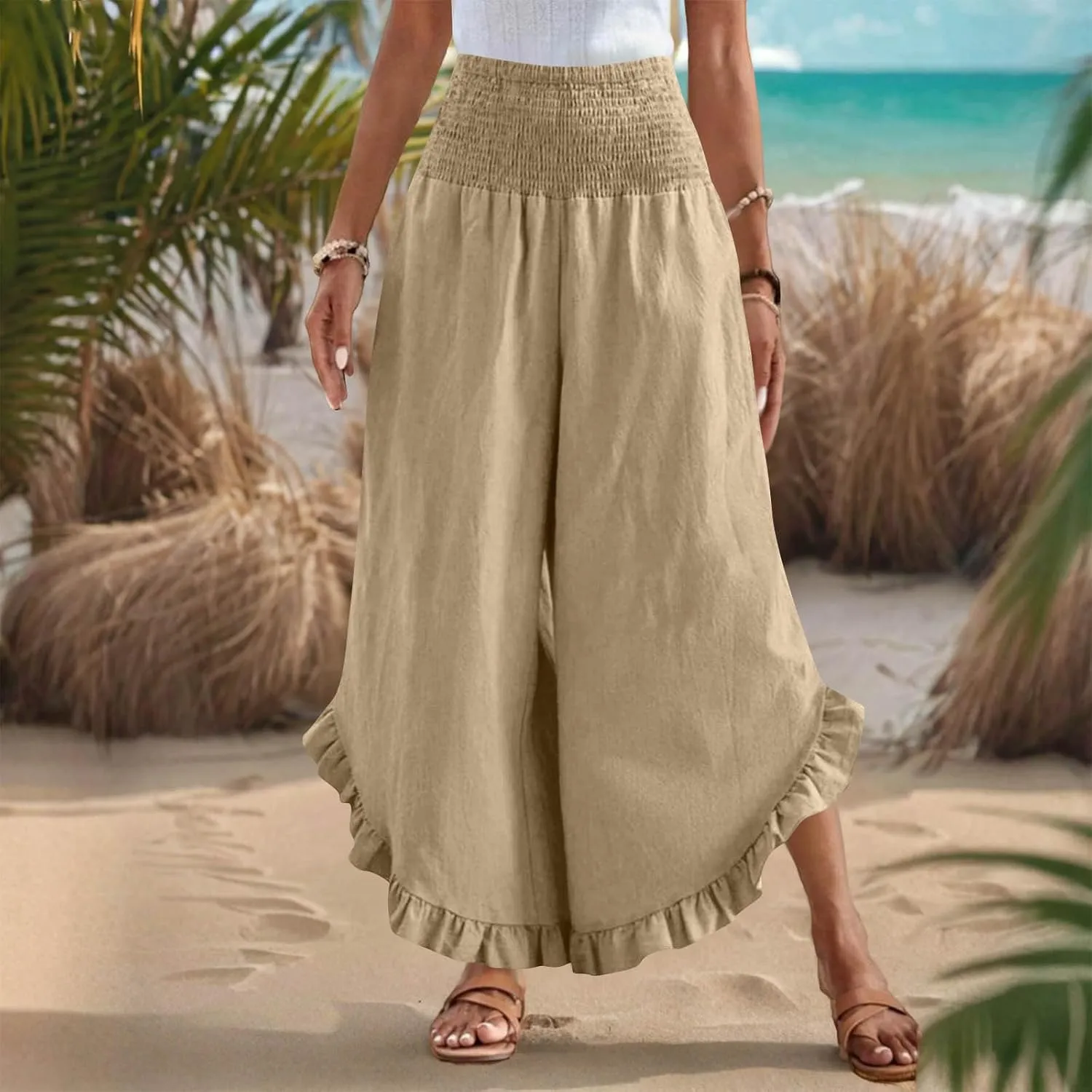 Womens Linen Pants Summer High Waist Ruffle Hem Bohemia Flowy Wide Leg Palazzo Trousers Beach Vacation Clothes