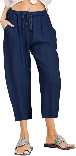Womens Linen Summer Trendy Palazzo Lounge Pants Elastic Waisted Baggy Stretchy Slim-Fit Pants Business Work
