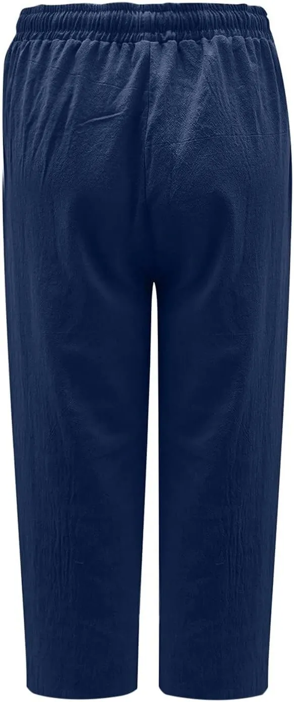 Womens Linen Summer Trendy Palazzo Lounge Pants Elastic Waisted Baggy Stretchy Slim-Fit Pants Business Work